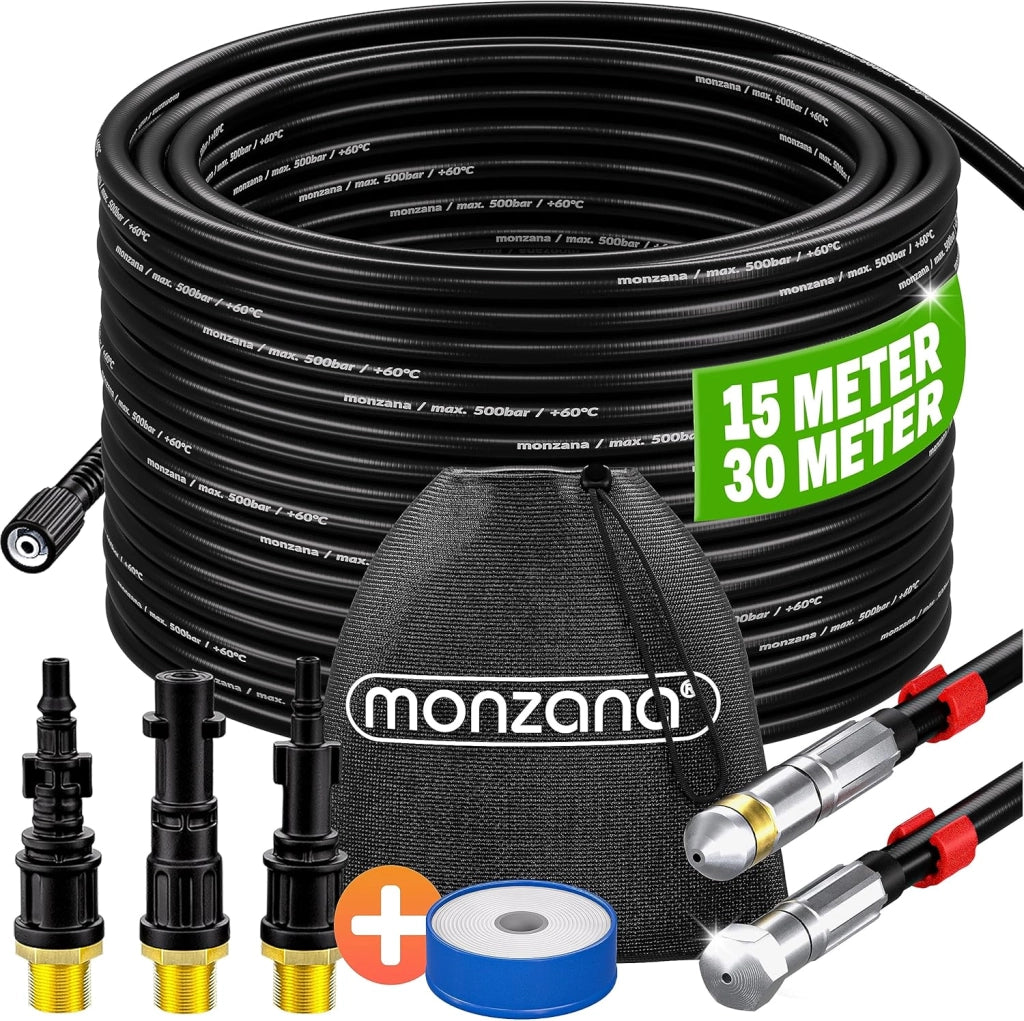 ® Kit Sonda Sturatubi per Pulizia Tubature Premium 30m 200bar 3 Adattatori 2 Bocchette Compatibili Idropulitrice Set Universale Sgorga Tubo