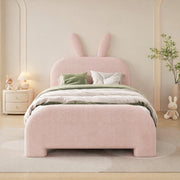 Letto per bambini con testiera a forma di coniglio; 90x200 cm; rosa; in plush e MDF con 2 cassetti