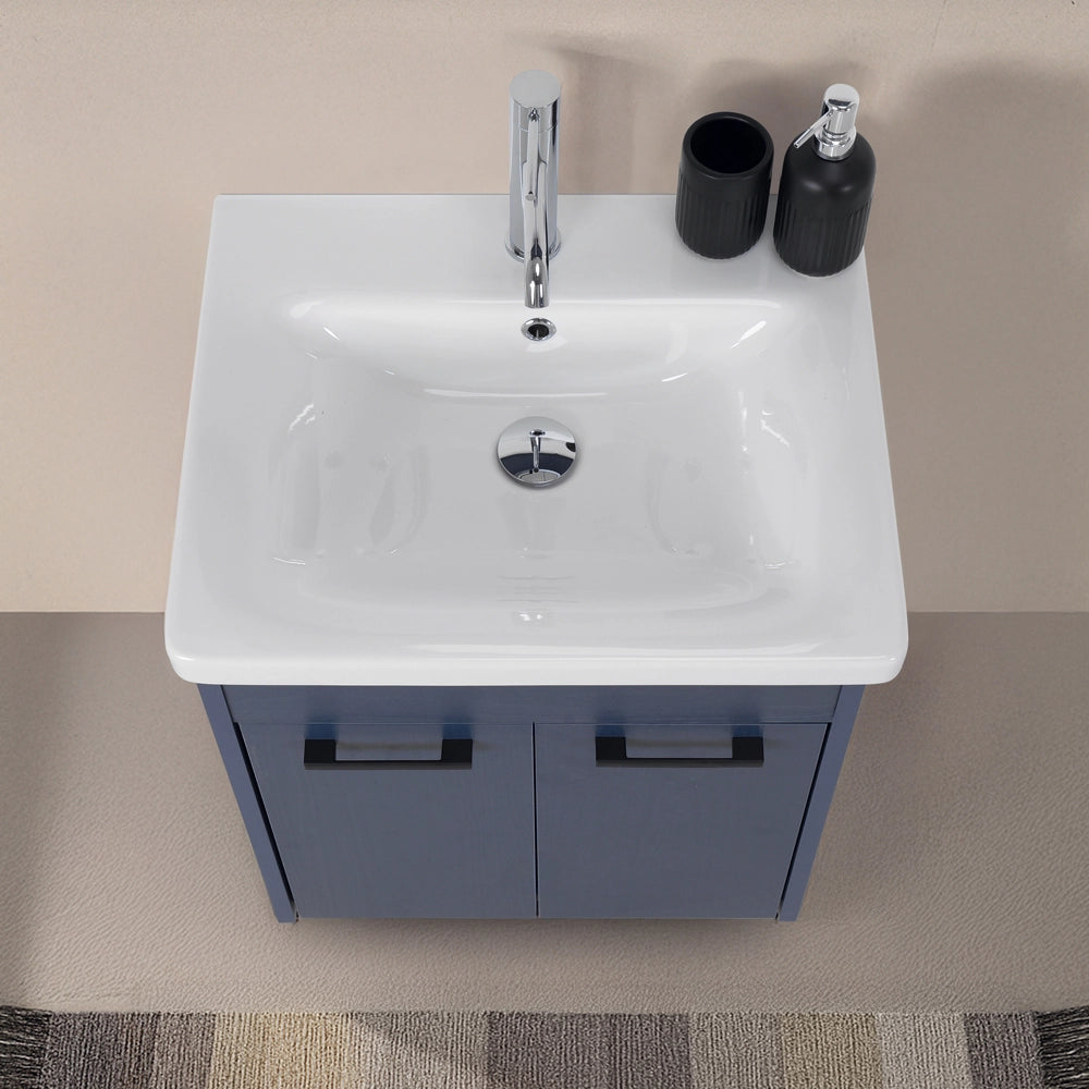 Mobile bagno sospeso 55 cm blu effetto legno con armadietto a specchio Sofia