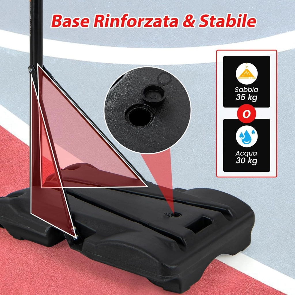 Supporto per Canestro da Basket Portatile e Regolabile in Altezza 206-305cm, Canestro da Basket da Esterno ed Interno con Base Riempibile e 2 Ruote Scorrevoli