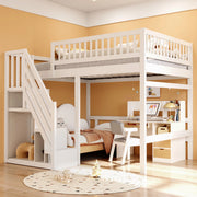 Letto a castello in legno bianco con scala a scomparti e parapetto alto 140x200 cm