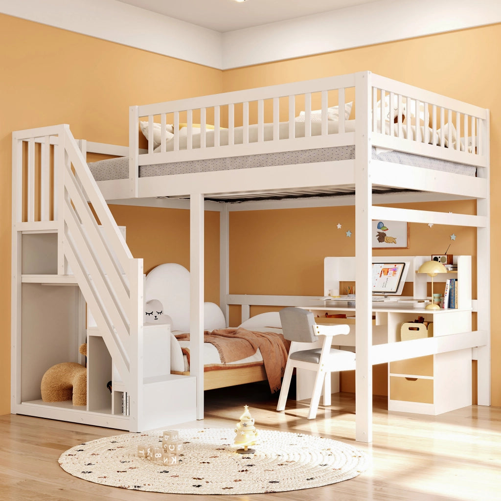 Letto a castello in legno bianco con scala a scomparti e parapetto alto 140x200 cm