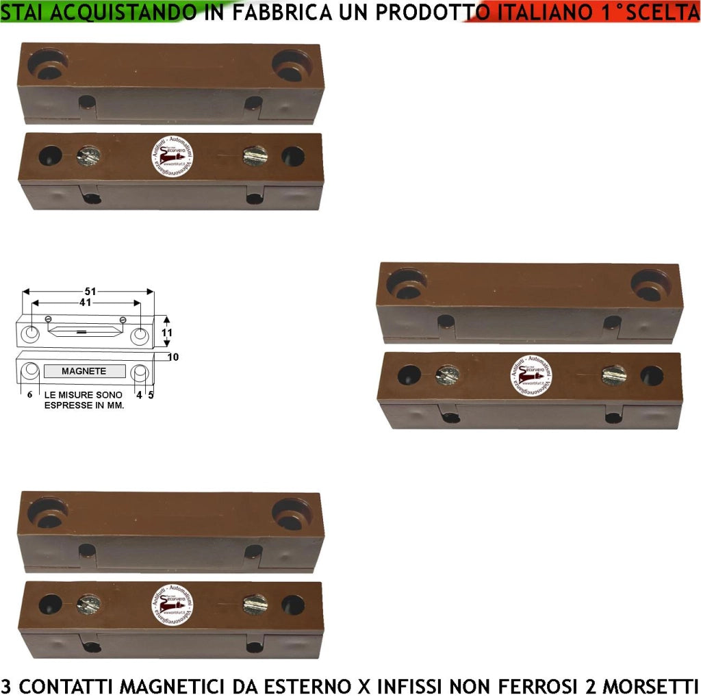 Rilevatore Magnetico Esterno 3 Pezzi Allarme Infissi Non Ferrosi Contatto Reed Uscita NC Sensibilità Magnetica 13 mm Tensione Transito Max 30 V 0,5 A Carico Resistivo 2 Morsetti Cover ABS Marrone IP40