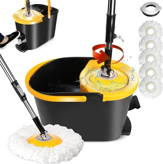 Set di pulizia con secchio, 128 cm aspirapavimenti con funzione di spremitura, spazzola professionale con manico telescopico e 5 pad di microfibra per tutti i tipi di pavimento, 1 testa a spazzola inclusa