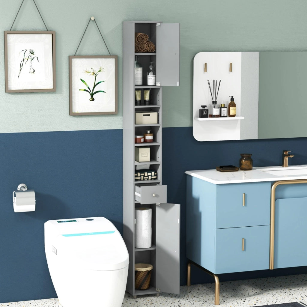 Mobile colonna da bagno con 2 ante 1 cassetto e 5 ripiani regolabili-Colonna bagno da terra salvaspazio Grigio