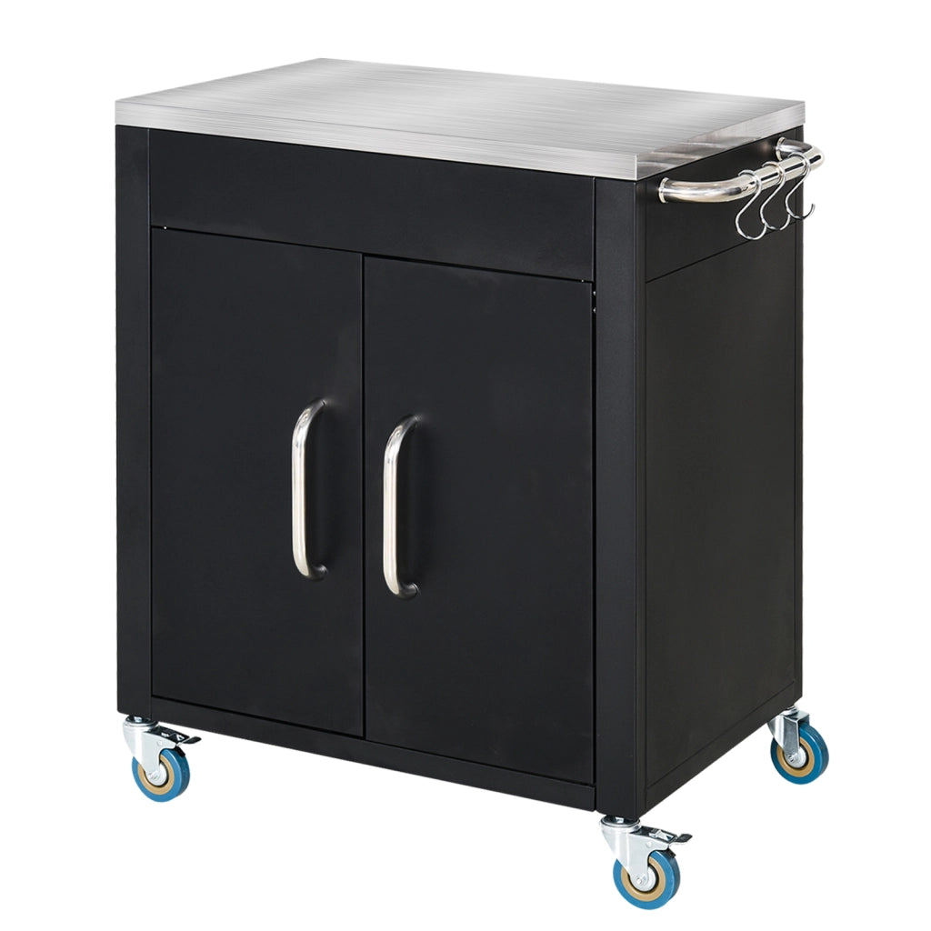 Carrello da cucina con ruote, armadietto, piano in acciaio inox, ganci cromati, nero 86x50x86,5 cm