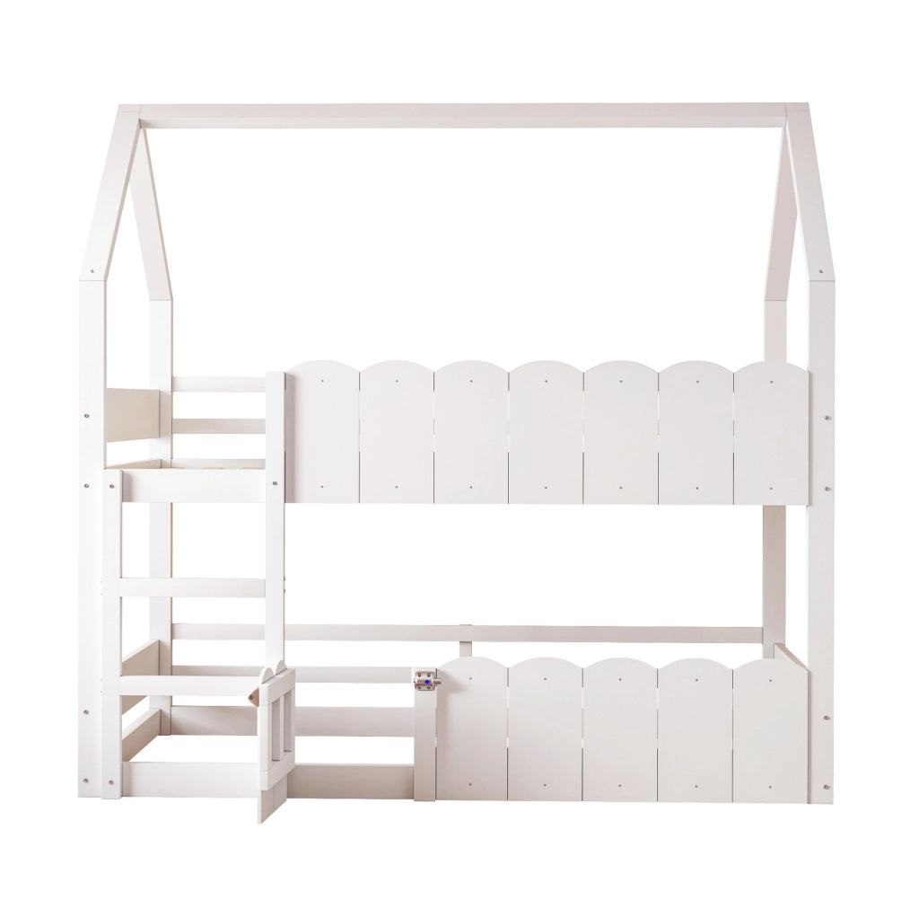 Letto a castello ULEVR 90x200 cm a forma di casa con scala frontale e sponde di sicurezza, bianco