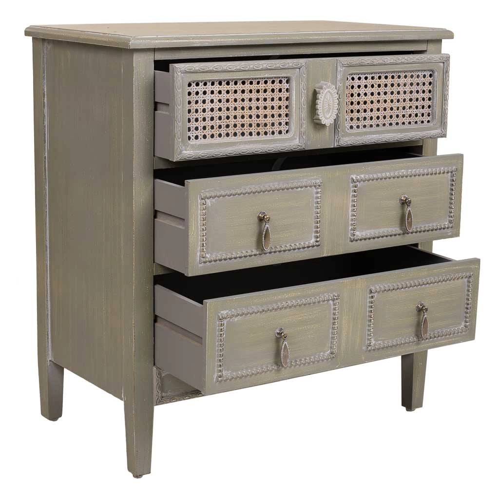 Comodino in legno con 3 cassetti, dimensioni 65x36x70 cm.