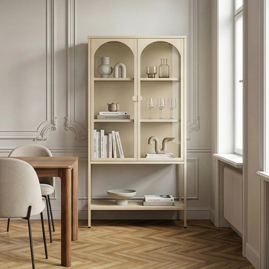 Vetrina Klippestad Credenza Alta a 2 Ante in Vetro e Ripiano Aperto 160 x 80 x 35 cm - Color Cammello [en.casa]