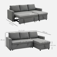 Divano Letto 3 Posti e Penisola con Contenitore, Rivestimento Tessuto Effetto Lino, 211.5x146x85cm