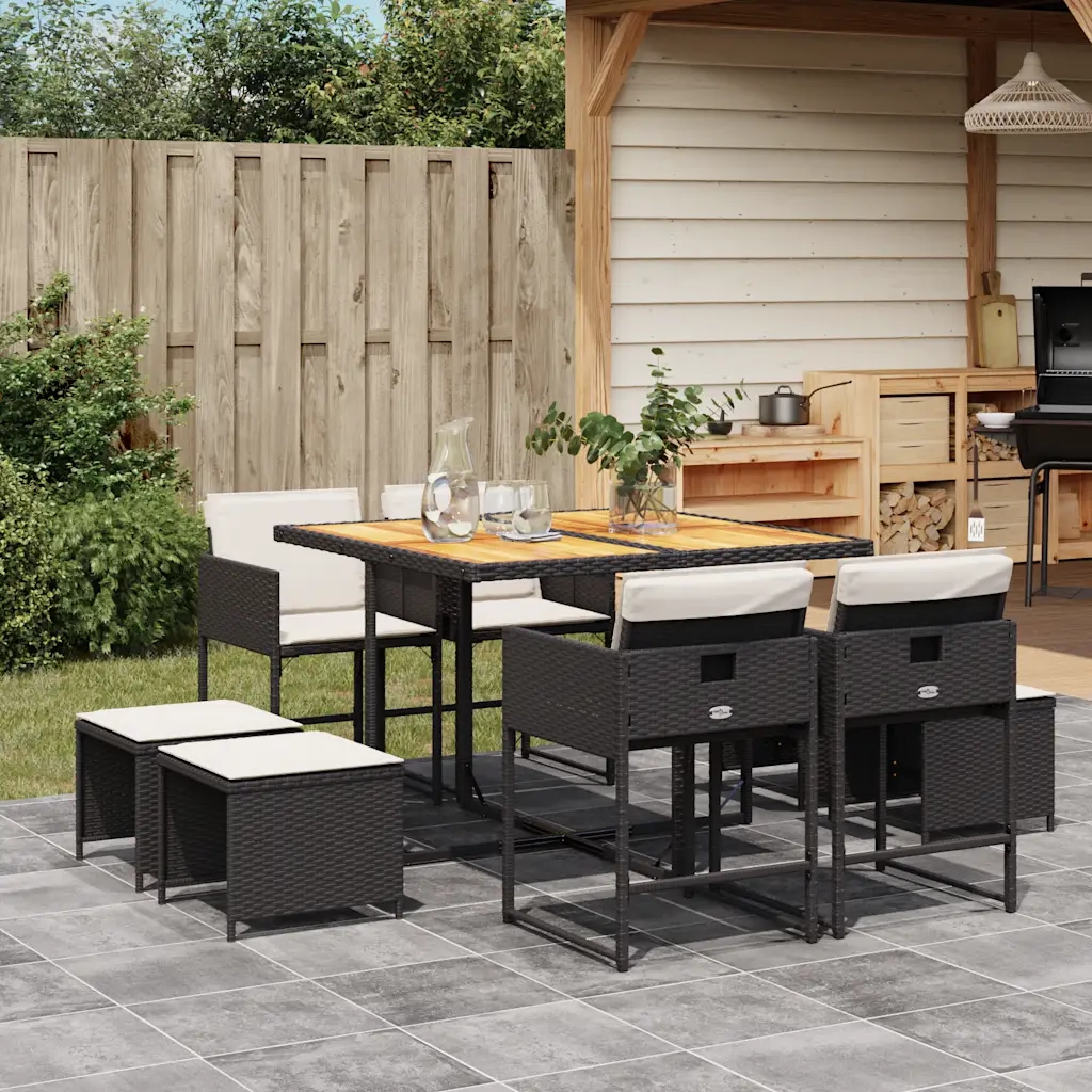 Set da Pranzo da Giardino 9 pz | Set Salotto da Giardino con Cuscini Nero in Polyrattan