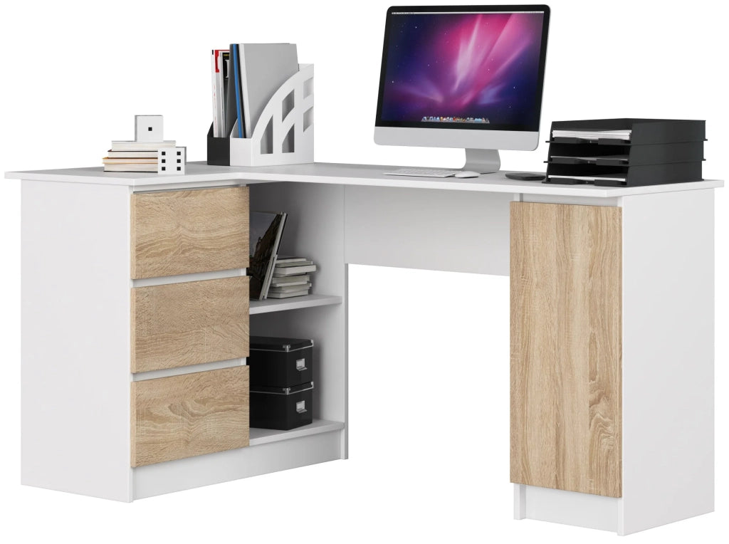 Scrivania angolare AKORD B20 Bianco 155 cm 1 anta 3 cassetti inserto frontale Sonoma Quercia 155x85x77 cm Modello a sinistra