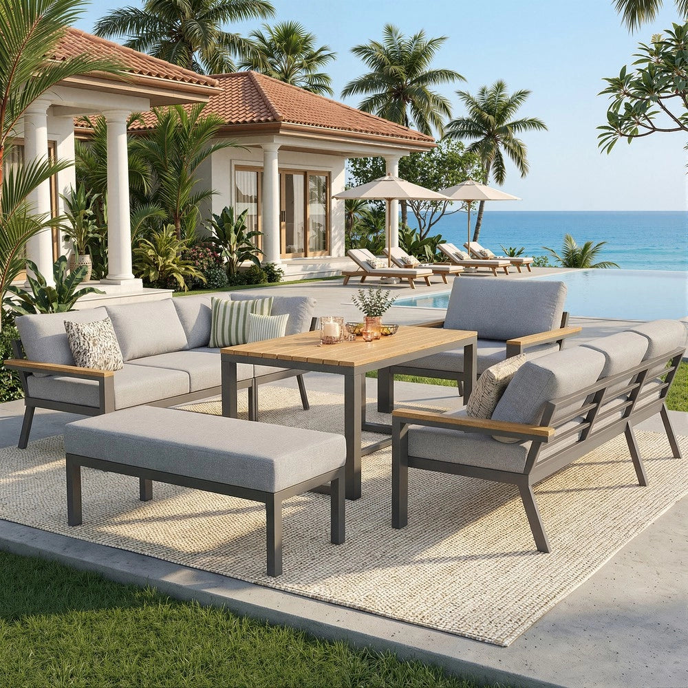 Set Divano da Giardino ad L 8 Posti con Tavolo in Legno ¨C Xylo ¨C Polyrattan Grigio, Ferro