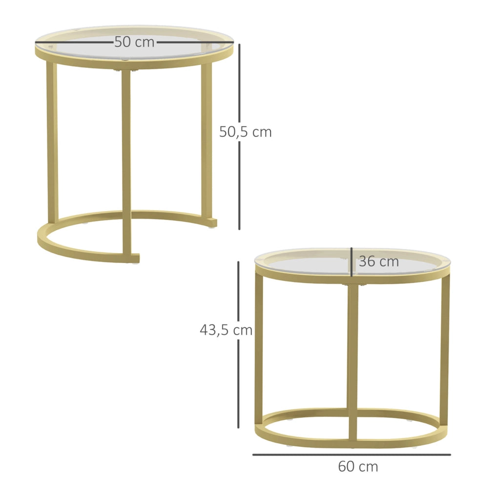 Set 2 tavolini da caffè impilabili in acciaio e vetro; oro