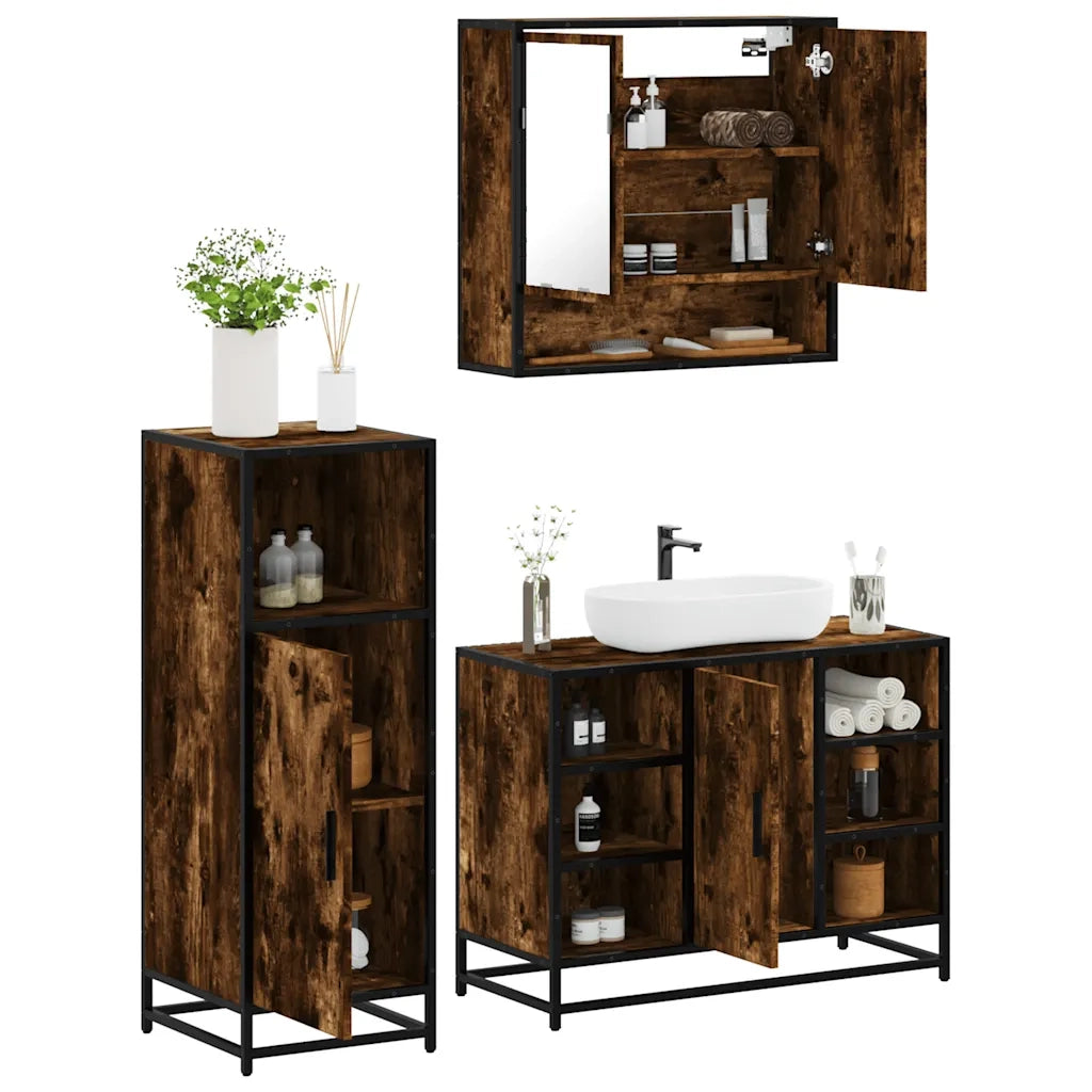 Set Mobili da Bagno | Armadio da bagno 3 pz Rovere Fumo in Legno Multistrato