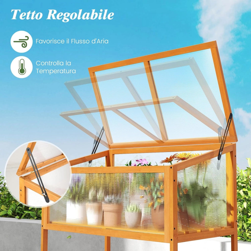 Mini Serra in Legno con Tetto Trasparente Apribile e Mensola a Doghe, Mini Serra Salvaspazio da Interno ed Esterno per Giardino, Veranda e Balcone, 90 x 50,5 x 105 cm