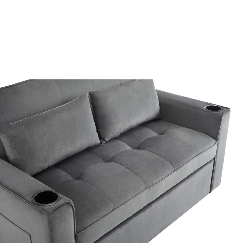 Divano letto 3 in 1 in velluto grigio 137x76;5x83 cm; con 2 cuscini e portabicchieri