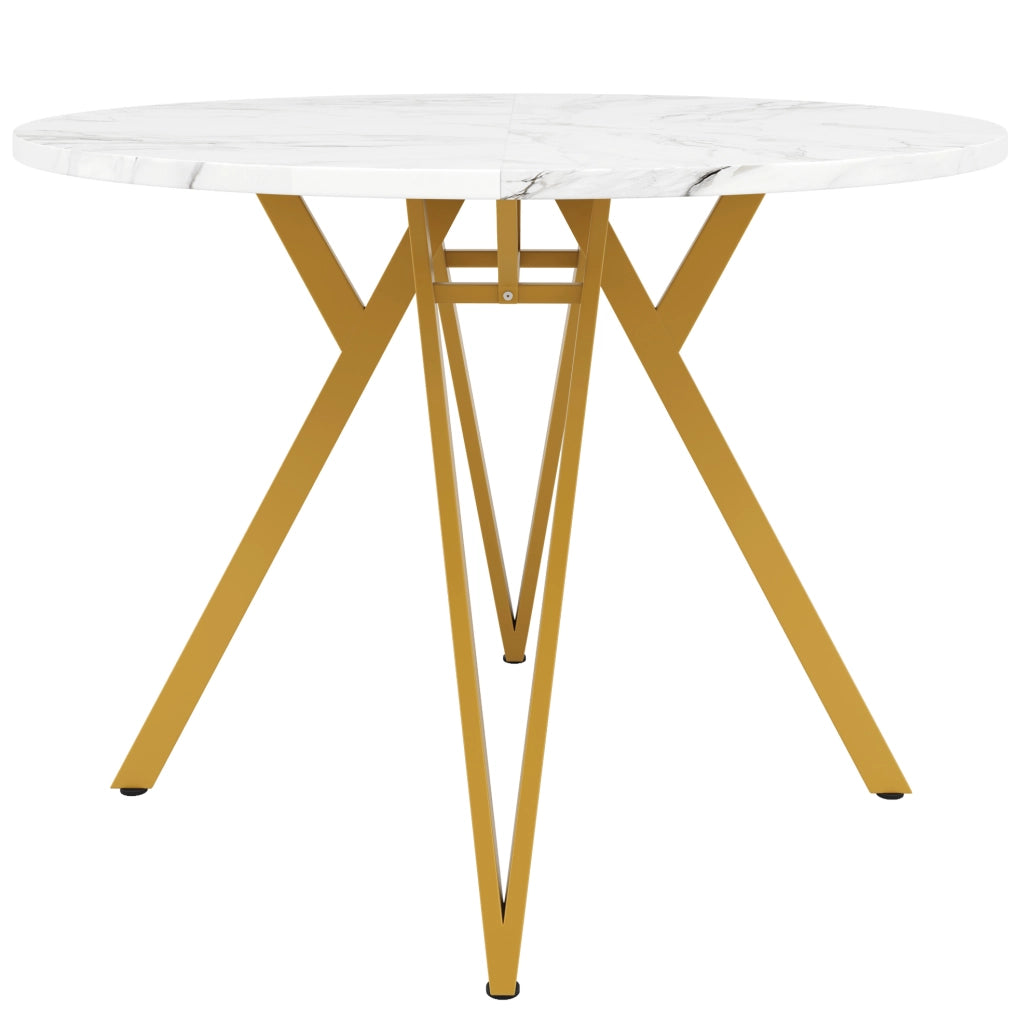 Tavolo da pranzo rotondo 100×100×76 cm con piano in MDF effetto marmo e gambe in metallo dorato