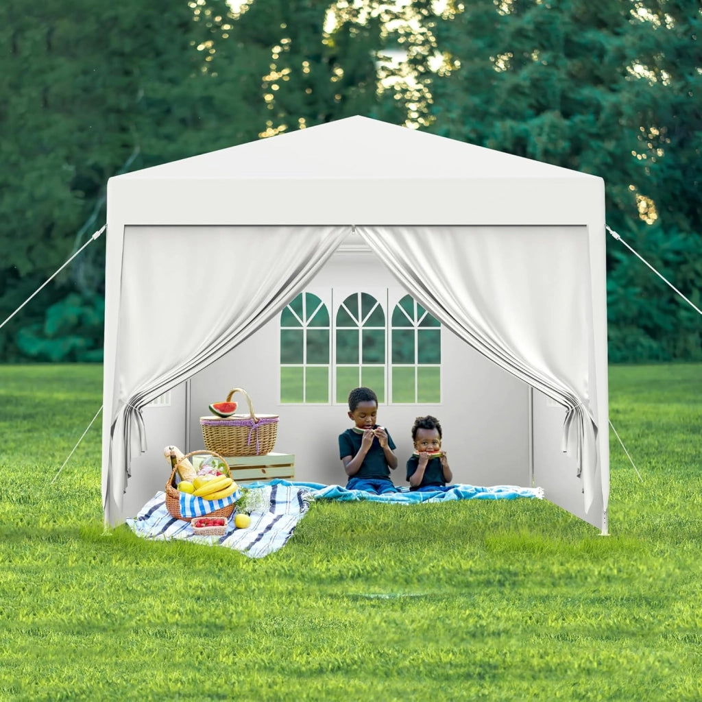 Gazebo Esterno Resistente da Giardino 3 x 3 m con Pannelli Laterali e Finestre in Poliestere Gazebi Tendone per Feste Protezione UV Impermeabile Tenda per Esterni, Bianco