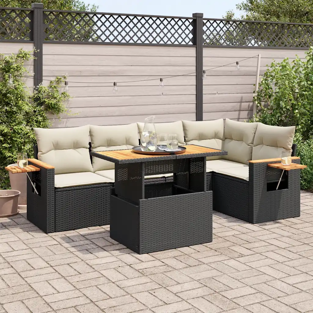 Set Divano da Giardino 6 pz con Cuscini Nero Polyrattan Acacia 3327598