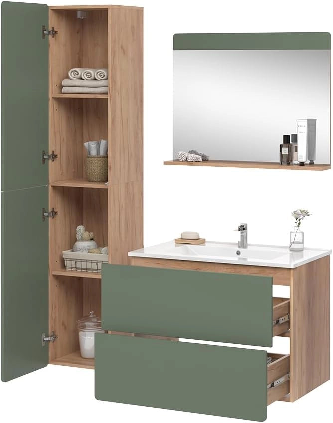 Set di mobili da bagno Izan, Goldkraft rovere/verde, 80 cm, composto da mobile sottolavabo con lavabo, armadio alto e specchio da bagno
