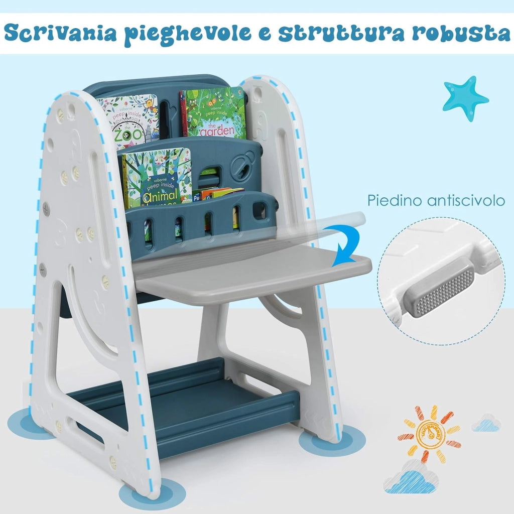 Set 2 in 1 Cavalletto per Bambini, Lavagna Magnetica Multifunzione Bifacciale, Libreria Bambini Altezza Regolabile, con Sedia e Accessori (Blu)