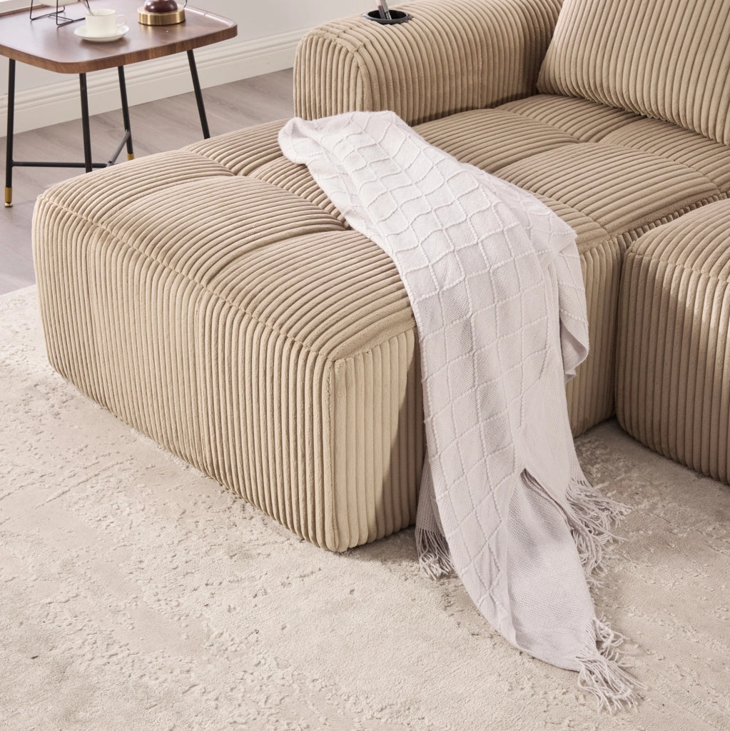 Divano compatto modulare in corduroy khaki 253x158x61 cm; con tasche laterali e portabicchieri