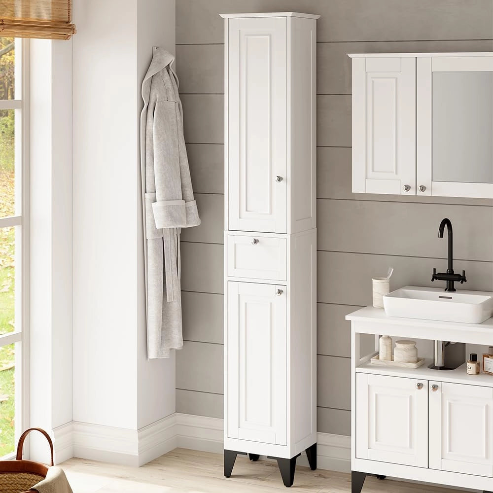 Mobile alto Vanity, Bianco, 32 x 175 cm, per la conservazione di articoli da bagno e asciugamani