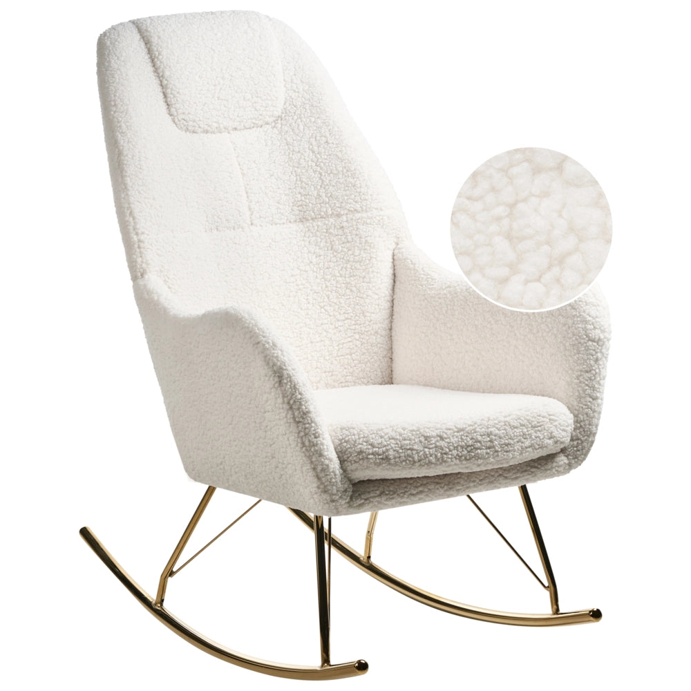 Sedia a dondolo in boucle con rivestimento in metallo dorato con braccioli Soggiorno Bianco sporco