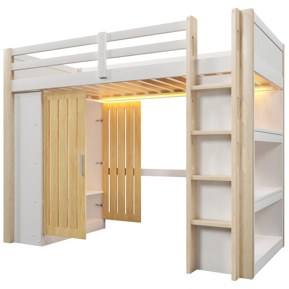 Letto a Soppalco con LED, Armadio e Scaffale ¨C MINIMAL ¨C 90x200 Bianco e Naturale