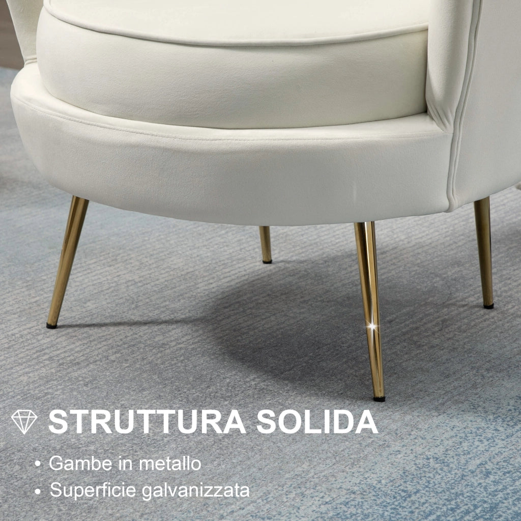Poltrona di Design Stile Vintage Imbottita in Velluto, 79x77x77cm, Crema