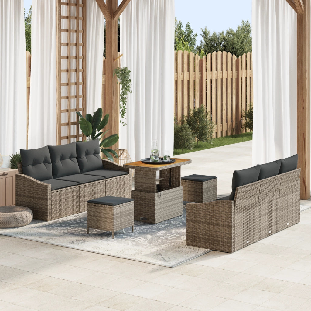 Set da Giardino a 9 Pezzi con Cuscini Grigio Polyrattan Acacia