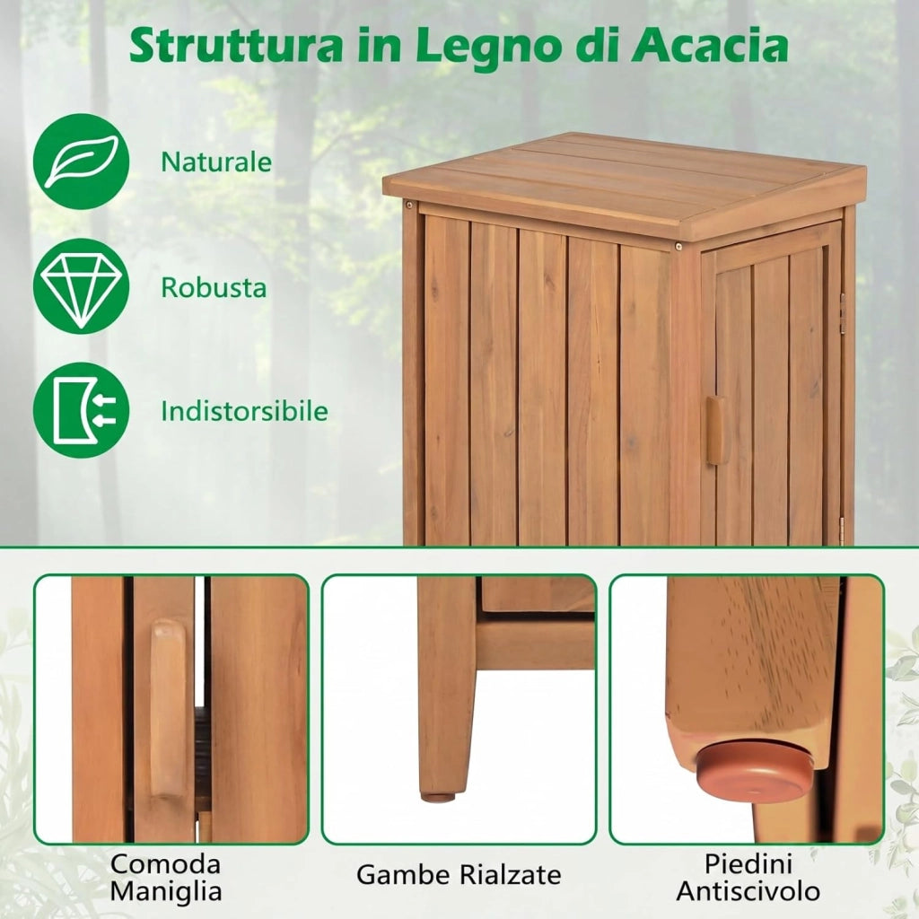 Armadio da Esterno in Legno Massello con Ripiano Rimovibile, Casetta Porta Attrezzi con Porta e Coperchio Apribile, Contenitore per Bidoni Spazzatura per Giardino, Cortile e Patio