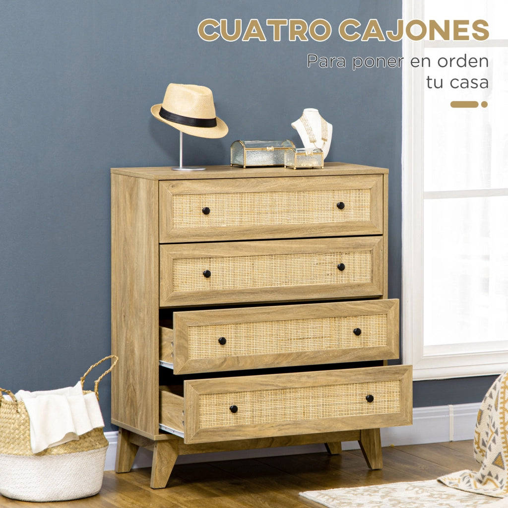 Cassettiera con 4 Cassetti in Legno con Frontale Ratan ¨C zephmum ¨C Naturale 80x35x95