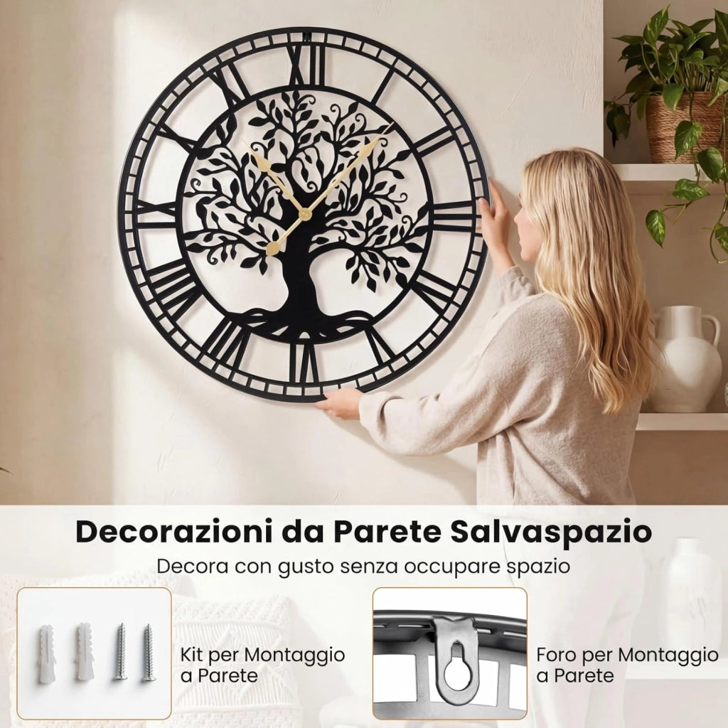 Orologio da Parete Grande da 68 cm, con Albero della Vita in Metallo, Orologio Decorativo Silenzioso Senza Ticchettio, per Soggiorno, Camera da Letto e Cucina, Nero