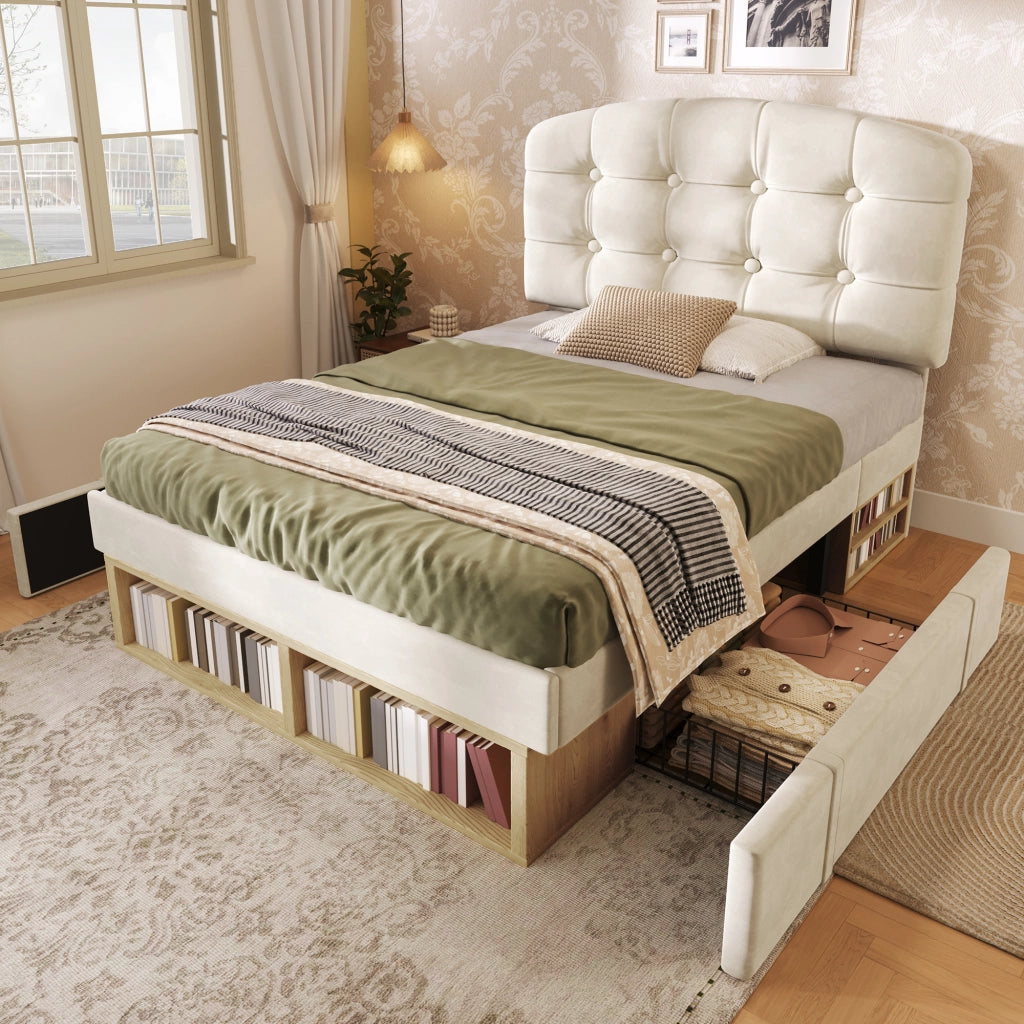 Letto singolo imbottito 90x200 cm in velluto beige con rete a doghe, testiera regolabile e cassetti contenitore