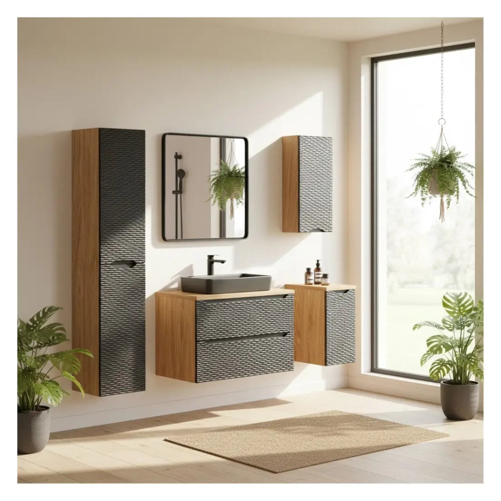 Set da bagno YOKA nero: mobile sotto lavabo + piano per lavabo + lavabo da appoggio + 2 mobili e 1 colonna di rangemento
