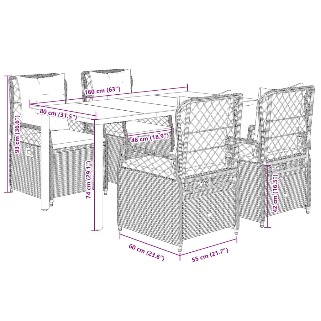Set da Pranzo da Giardino 5 pz con Cuscini Beige in Polyrattan