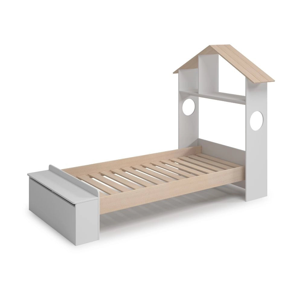 Letto singolo Odessa con testiera casetta e pediera contenitore in legno massiccio colore bianco