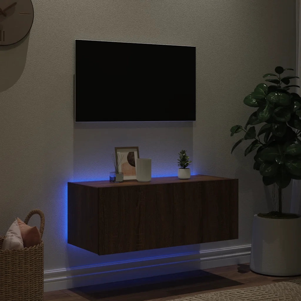 Mobile TV a Parete con Luci LED Rovere Marrone 80x35x31 cm 837293