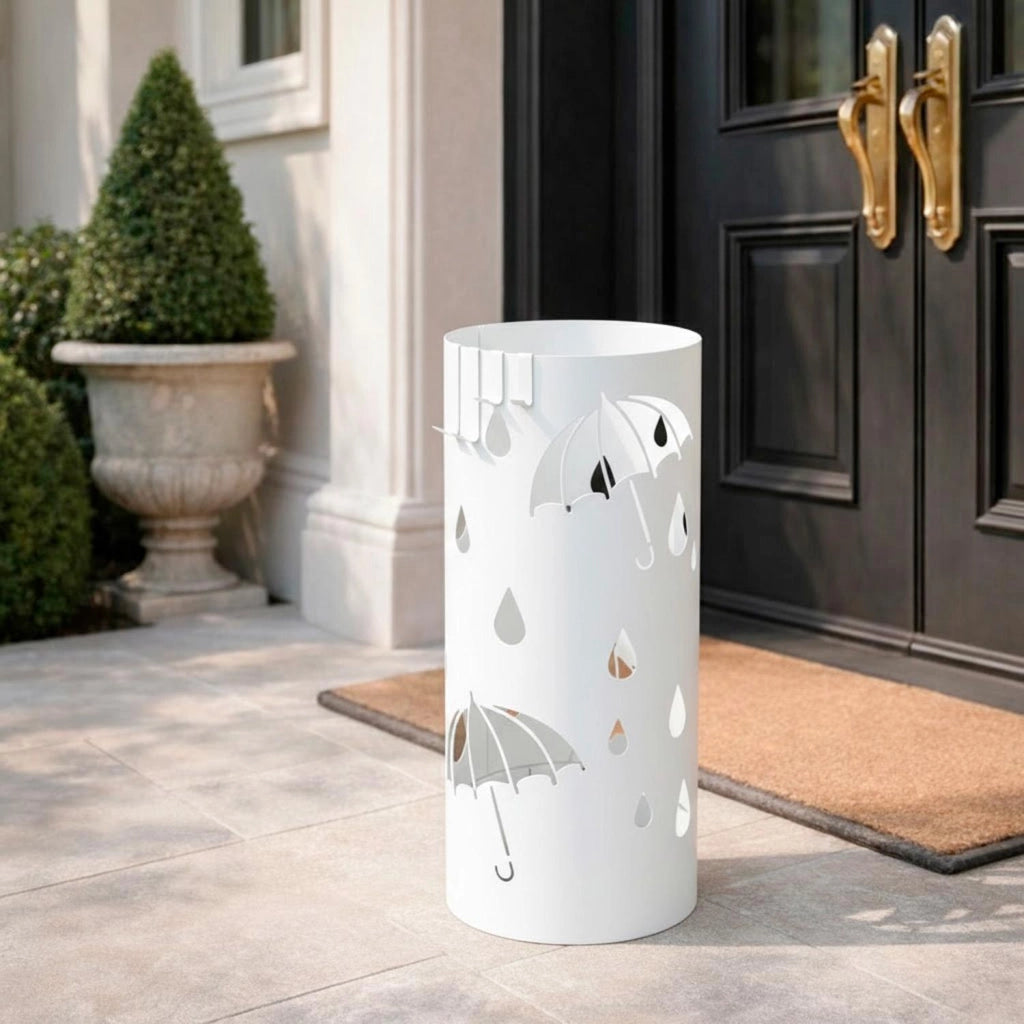 Portaombrelli Rotondo In Acciaio Zincato Design Moderno Con Vaschetta Scolapioggia Base Antiscivolo E 4 Ganci Removibili Per Ingresso Casa E Ufficio 41 X 17 Cm Bianco