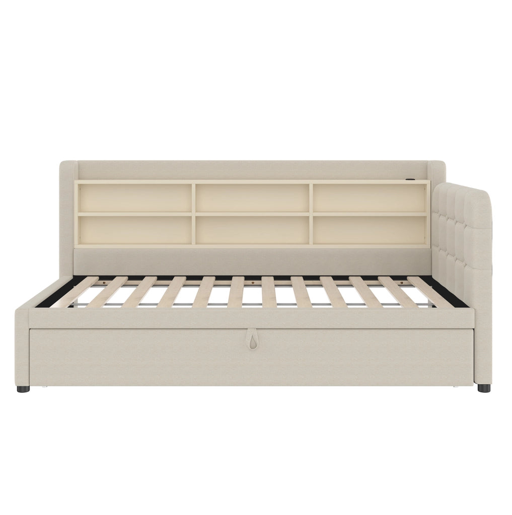 Letto da giorno estraibile 90x200 cm beige in lino con USB-C, vani e rete