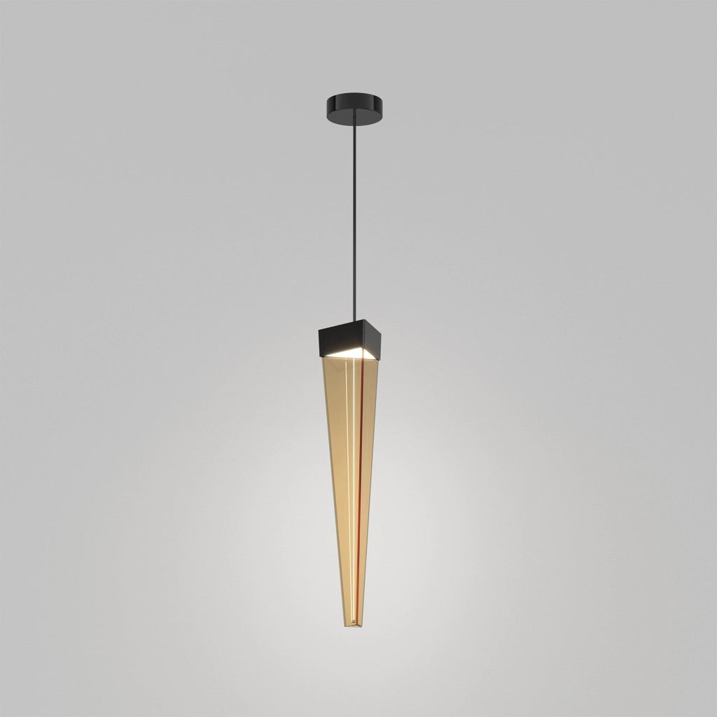 Stalactite Lampada a Sospensione LED di Design, Forma Piramidale, Vetro Colore Ambra e Struttura in Nickel Nero Lucido, Illuminazione 12W 2700K