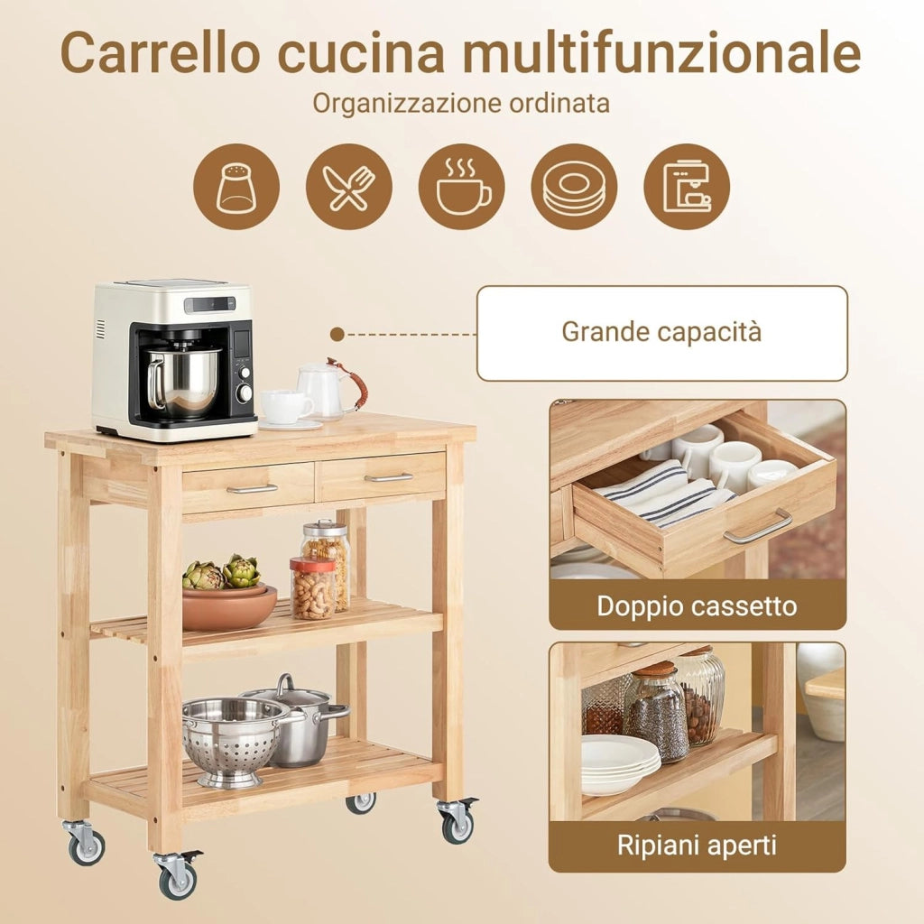 Carrello da Cucina con Ruote, Mobile Cucina Salvaspazio in Legno Massiccio di Hevea – Mobile Soggiorno Credenza con 2 Cassetti e 2 Ripiani 80x40x90 cm FKW24-II-N