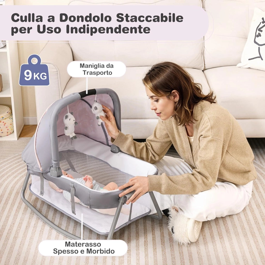 5 in 1 Culla Campeggio Bambini, Lettino Viaggio Neonati Pieghevole con Materasso, Fasciatoio, Box Portatile con Ruote, 2 Giocattoli e Carillon, per Bambini 0-3 Anni (Rosa)