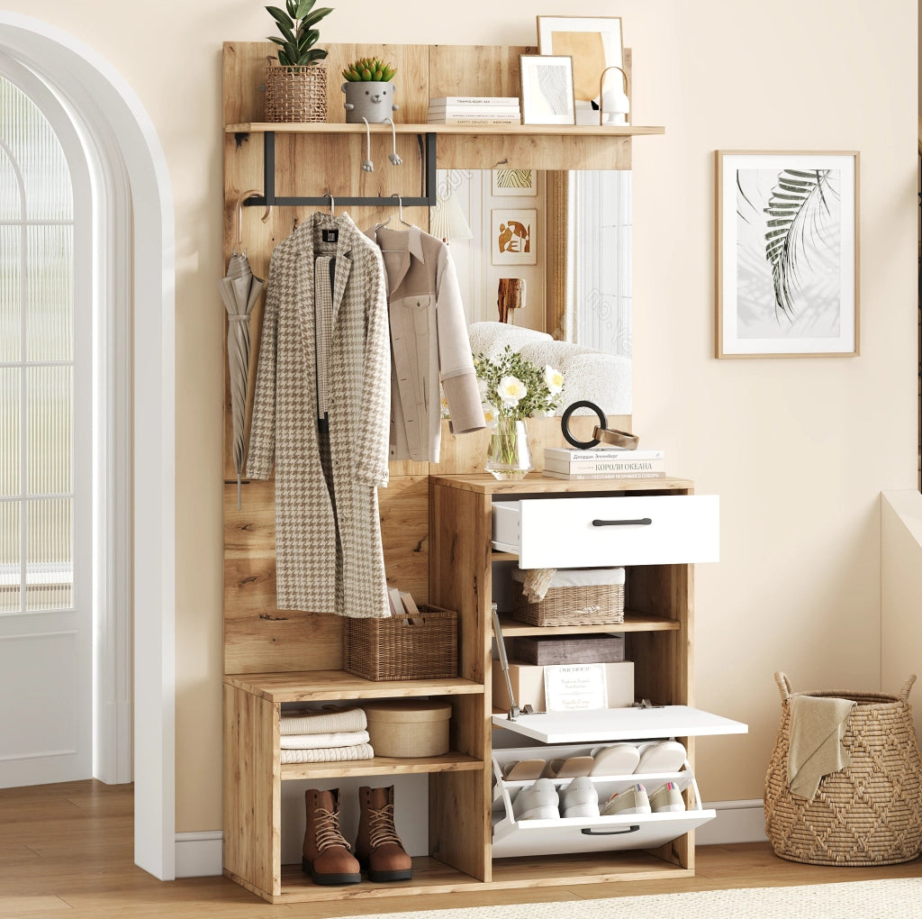 Mobile ingresso multifunzionale 100 x 38;5 x 190 cm con specchio; cassetto e scarpiera; bianco e naturale
