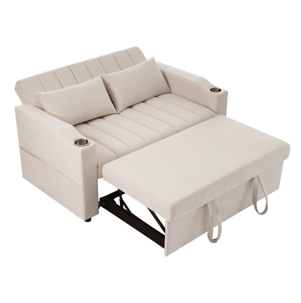 Divano letto multifunzionale 136x162x84 cm con schienale a 3 posizioni; 2 cuscini; cotone beige