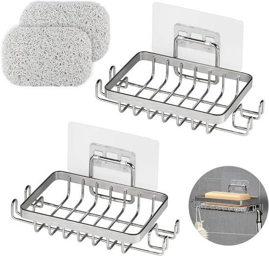 3x Dispenser per Sapone in Acciaio Inossidabile Montato sulla Parete con Ganci e Cuscino per Sapone - Antiruggine e Imprimitura (Argento)