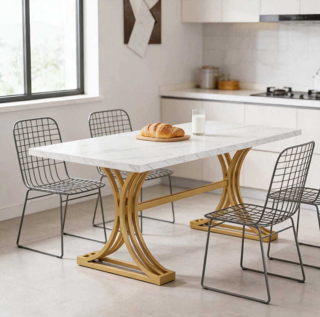 Tavolo da pranzo rettangolare 160x80 cm in marmo artificiale e metallo; bianco e oro