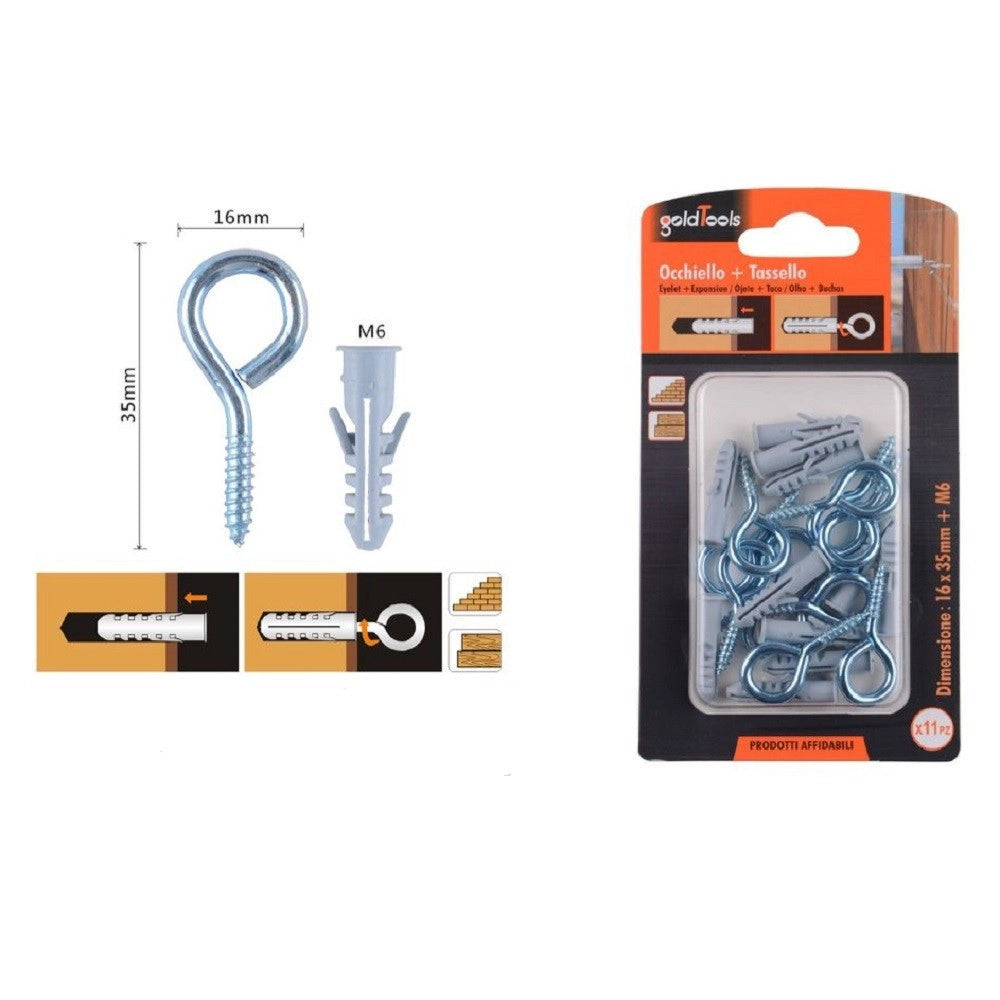 Trade Shop - Set 11pz Vite A Occhiello Chiuso 16x35mm + Tasselli Con Alette Tassello M6 90726 -